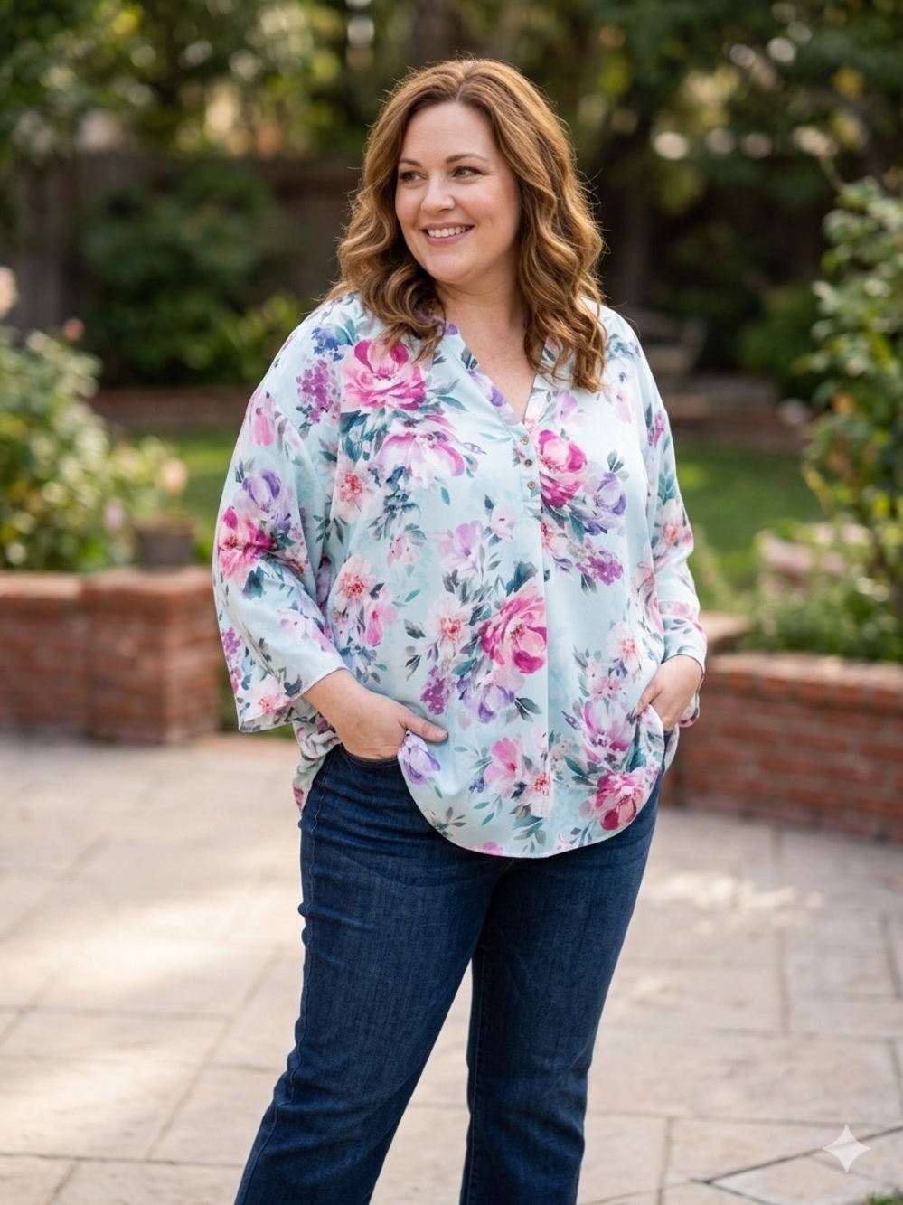 Laura Plus V-Neck Floral Blouse in Light Blue and Pink
